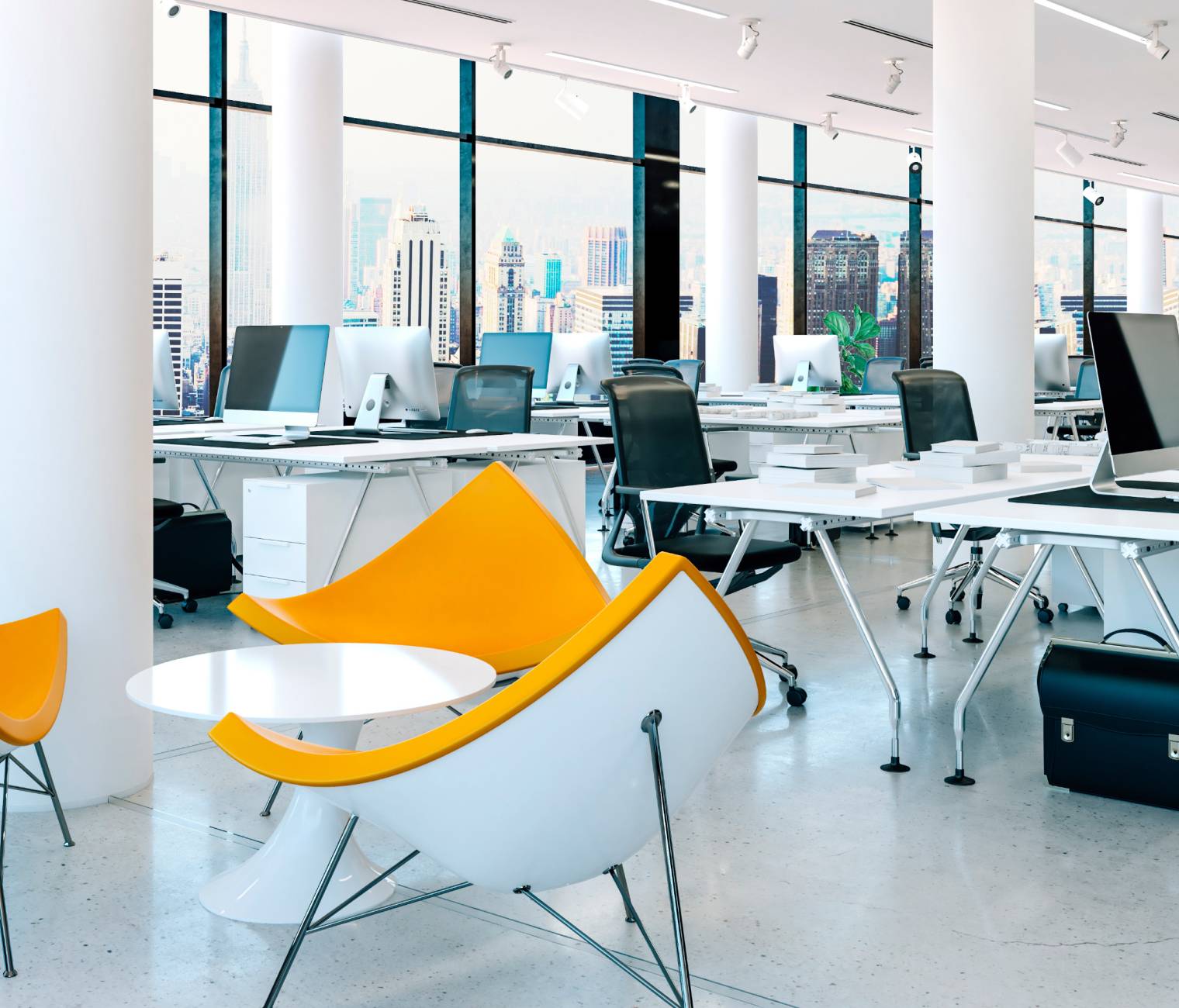 Connected Buildings with Office space and city skyline